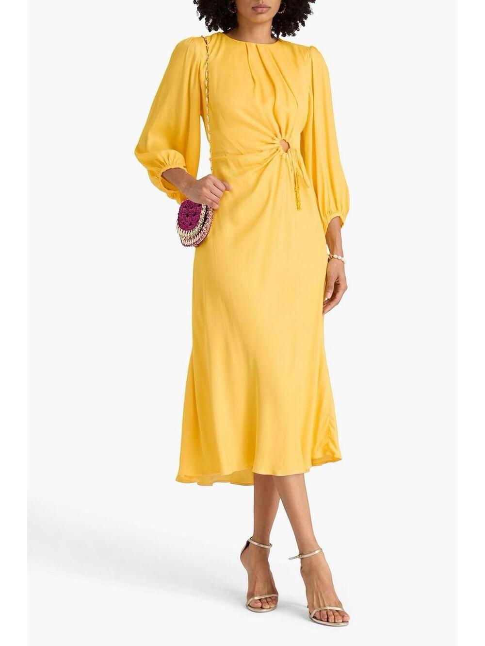 FARM Rio Yellow Long Sleeve Piping Cut-Out Midi Dress XL